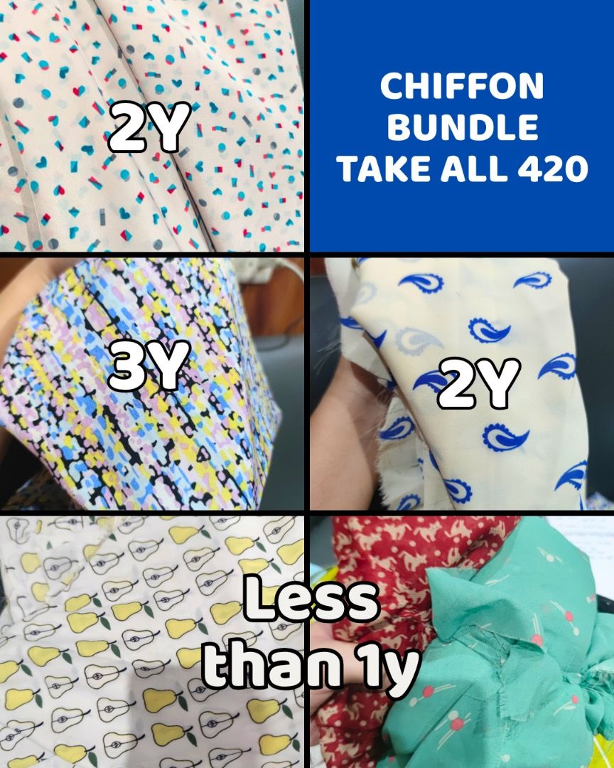 Chiffon Fabric Bundle - Take All 420 (Category: Craft Supplies & Tools) located in Antipolo. Submitted by baneinei (Listing ID 1460537850, Image 2). Description: - Chiffon Fabric Bundle - Great for sewing projects! - Includes: - Small hearts and dots print: 2 yards - Colorful abstract print: 3 yards - Paisley pattern: 2 yards - Pear print, Red, Green: Less than 1 yard each.