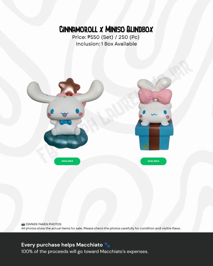 Cinnamoroll (Category: Designer & Blind Box Toys) located in Manila. Submitted by kopiko_black (Listing ID 1460682704, Image 1). Description: Collection for a cause: Selling some of my collectibles to help my Furbaby Macchiato: Takenote: Mindly manage expectations as all items was out of the box because it was displayed only. All items displayed on the photos as well as payment and shop rules: 📍Loc: San Andres Bukid Manila 🛵 Mod: lalamove / mov