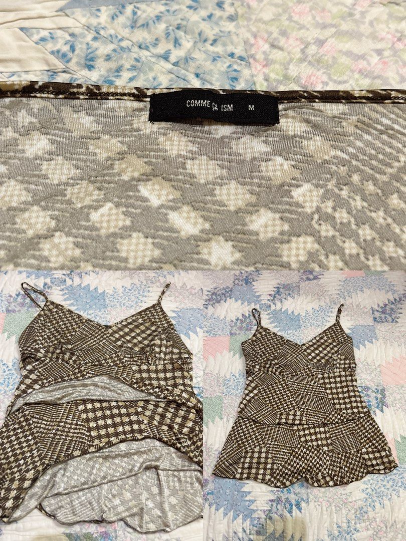 COMME CA ISM Brown Plaid Ruffle Camisole Top Size M (Category: Sleeveless) located in Adams. Submitted by raws_berrycheesecake (Listing ID 1460631640, Image 2). Description: Brown and beige plaid camisole top. It has a v-neckline and adjustable spaghetti straps. The hemline is tiered with a ruffle detail. Great for layering or wearing on its own..
