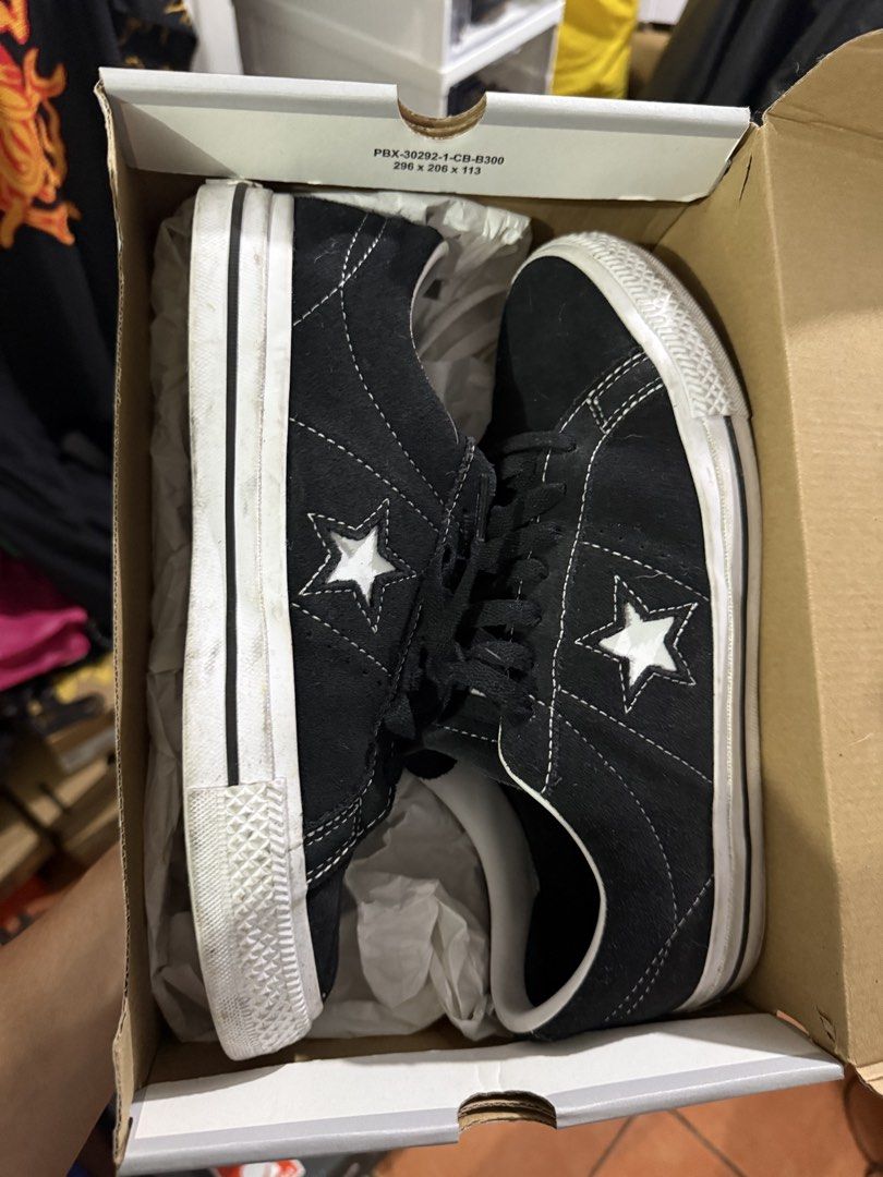 Converse One Star Black Suede Sneakers (Category: Sneakers) located in Manila. Submitted by aloboy20 (Listing ID 1460683385, Image 1). Description: - Classic black Converse One Star sneakers - Suede material - White stitching detail - Iconic star logo - Comes with original box 8/10 condition 2k only Qc meet ups .