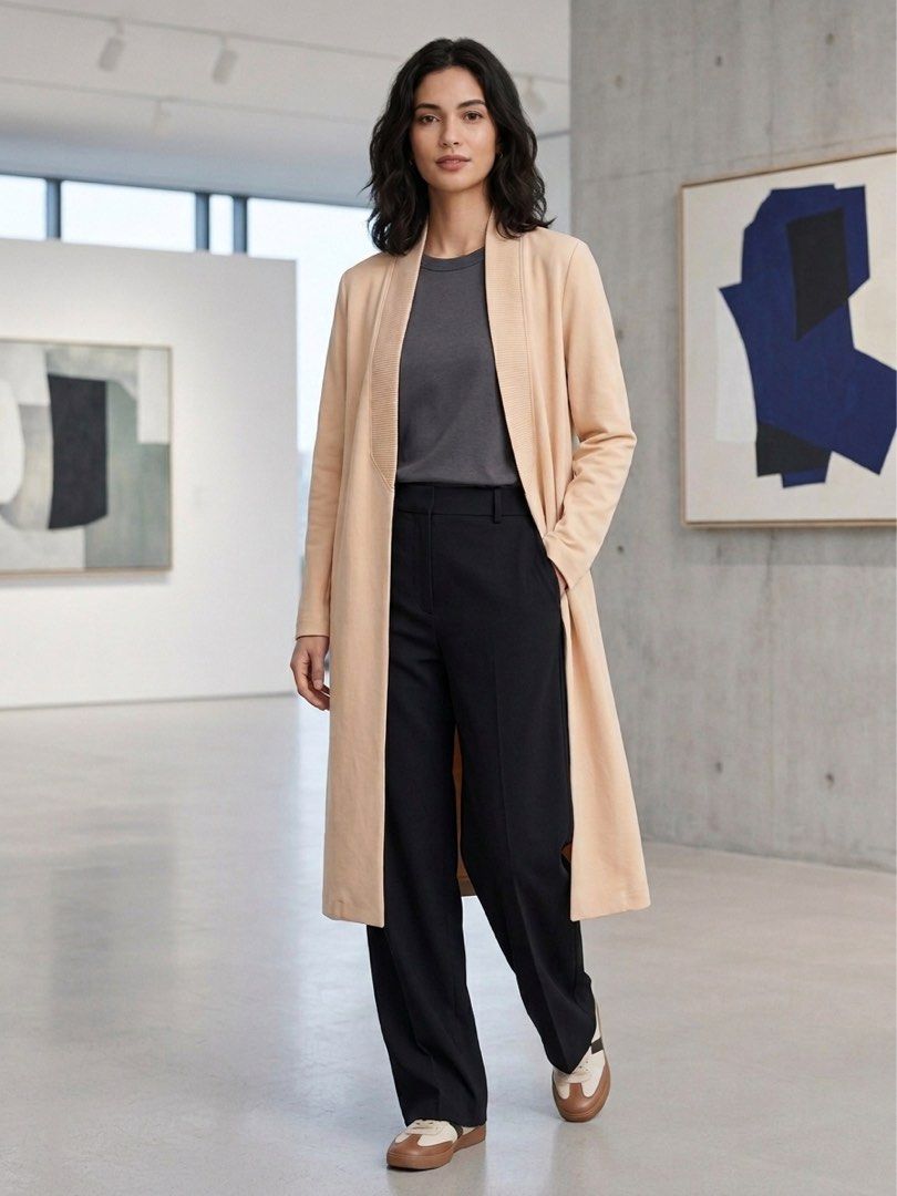 Cos open long line cardigan (Category: Coats, Jackets and Outerwear) located in Manila. Submitted by morningthrifters (Listing ID 1460658809, Image 1). Description: This is a minimalist COS longline open-front cardiganin a versatile beige/tan hue. It features an unlined body, long sleeves, and a distinct, wide ribbed collar that tapers down the front open placket. Medium on tag but can fits large.