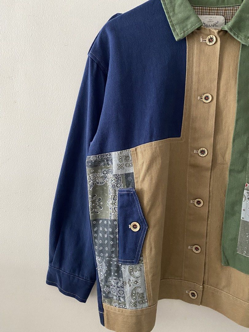 Cotton Blue Japanese Vibe Multicolored Patchwork Chore Jacket (Category: Coats, Jackets and Outerwear) located in Quezon City. Submitted by rlphvncntbs (Listing ID 1460585169, Image 2). Description: Cotton Blue Japanese Vibe Multicolored Patchwork Chore Jacket Size: Fits Medium Measurements: 22" x 26" Excellent Condition ₱2,500 + SF (Negotiable).