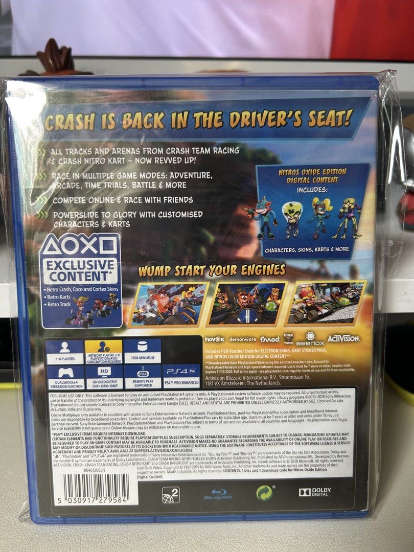 Crash Team Racing Nitro-Fueled Nitro Oxide Edition PS4 (Category: PlayStation) located in Pasig City. Submitted by johnlovesgaming (Listing ID 1460541632, Image 2). Description: - Crash Team Racing Nitro-Fueled: Nitro Oxide Edition - All tracks & characters from Crash Team Racing and Crash Nitro Kart included. - Multiple game modes: Adventure, Arcade, Time Trials, Battle, and more. - Customize your characters and karts. - Nitro Oxide Edition incl