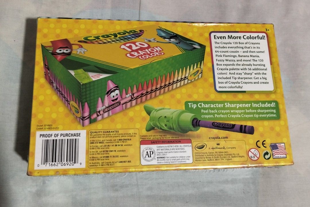 Crayola 120 Colors Crayon Set with Sharpener (Category: Stationery & School Supplies) located in Manila. Submitted by bethistama04142 (Listing ID 1460549520, Image 2). Description: - Crayola 120 count crayon set - Includes 120 vibrant colors - Bonus tip character sharpener included - Ideal for all coloring activities - Expand your art supplies with this large set - made in USA - Box sealed in plastic.