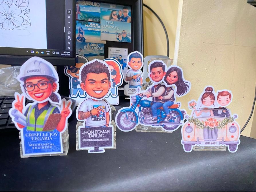 Custom Caricature Figurines - Personalized Gifts (Category: Other Home Decor) located in Caloocan City. Submitted by templatesandtots_ph (Listing ID 1460576844, Image 1). Description: - Custom caricature figurines - Perfect for personalized gifts & souvenirs - Available designs: Engineer, Couple on Motorcycle, Wedding Couple in Car - Mounted on a clear acrylic stand - Features a personalized base - Ideal for birthdays, anniversaries, graduations 