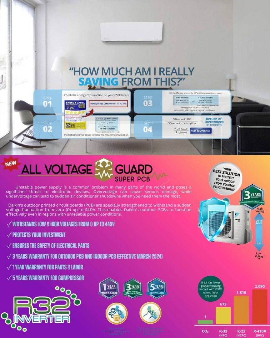 DAIKIN D-SMART QUEEN SERIES (FTKC-BVAF) (Category: Air Conditioning and Heating) located in Quezon City. Submitted by metrofrost_25 (Listing ID 1460616497, Image 2). Description: MODEL: FTKC-BVAF CAPACITY: 1.0hp/ 1.5hp/ 2.0hp/ 2.5hp/ 3.0hp REFRIGERANT: R-32 COMPRESSOR: Inverter We offers: ✅ FREE DELIVERY (Within Metro Manila) ✅ FREE INSTALLATION (Price varies) ✅ With Warranty ✅ Brand new and sealed units ✅ Lower than the mall price 🫣 ✅ Complete 