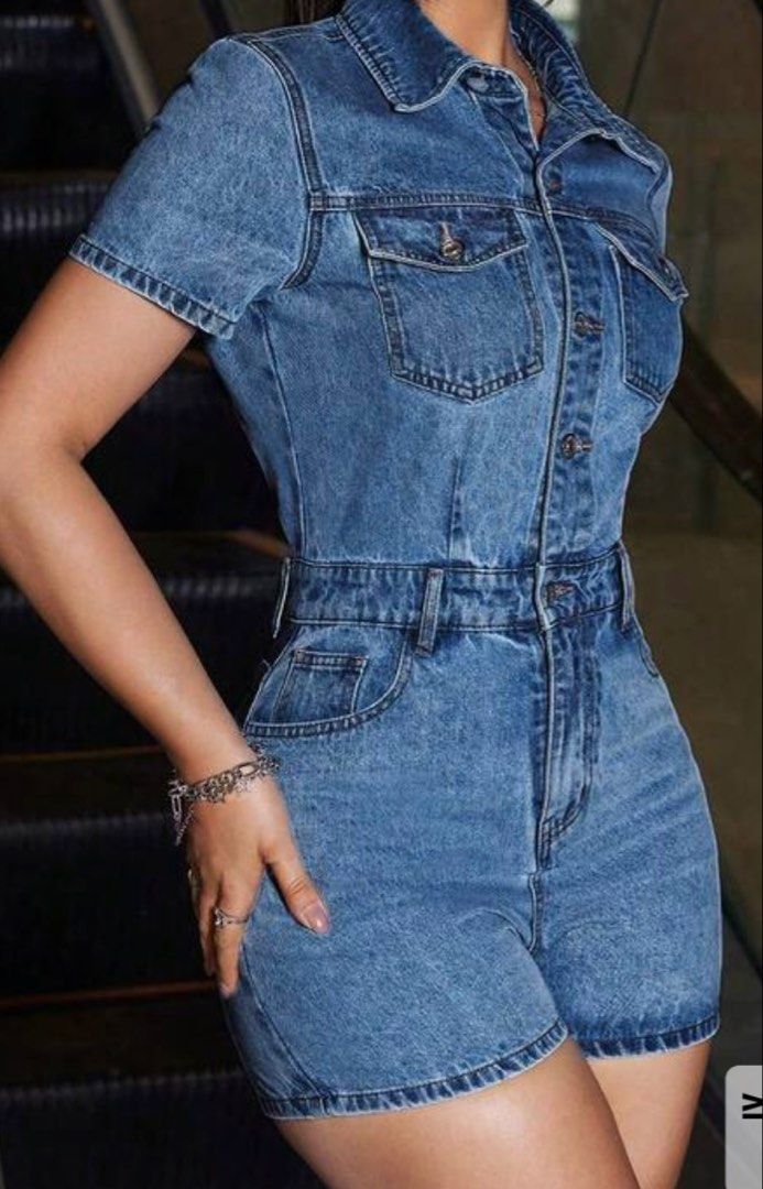 Dark Blue Denim Short Sleeve Button Up Romper (Category: Rompers) located in Pasig City. Submitted by juliexxxx (Listing ID 1460616060, Image 2). Description: Size ⬇️ Shoulder: 15.7 in Bust: 36.2 in Waist Size: 28in Hip Size: 40.2 in Length: 31 in Thigh: 25 in Bought from Shein. Barely used. Fabric is thick and real denim. Has belt hoops and button down design. Send me a pm for actual pics or if you are interested 🤍 Loc: Ortigas, Pasig rfs: Does