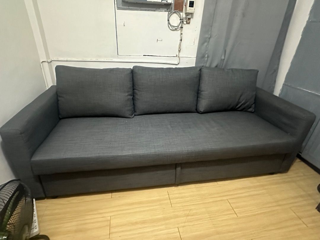 Dark Grey Fabric Sofa bed with Cushions (Category: Sofas) located in Caloocan City. Submitted by zuripot0726 (Listing ID 1460705086, Image 1). Description: - Dark grey fabric sofa bed - Features 3 comfortable back cushions - Clean, modern design - Easy to maintain fabric - Fits well in most living spaces - Ready for a new home - has some small burns from grinder sparks (almost unnoticeable) 💵 price slightly negotiable.