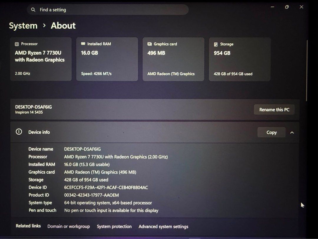 Dell Inspiron 14 5435 1tb (Category: Laptops & Notebooks) located in Quezon City. Submitted by sophiagshop (Listing ID 1460550685, Image 2). Description: Specs included in the pic. Last price posted. Wag na mag-offer nang below posted price. Processor: AMD Ryzen 7 7730U (8 cores, 16 threads, up to 4.5 GHz boost) Display: 14-inch 16:10 FHD+ (1920 x 1200) Anti-Glare, Non-Touch, 250 nits, WVA with ComfortView support Memory (RAM): 16GB LPDDR4x, 4266