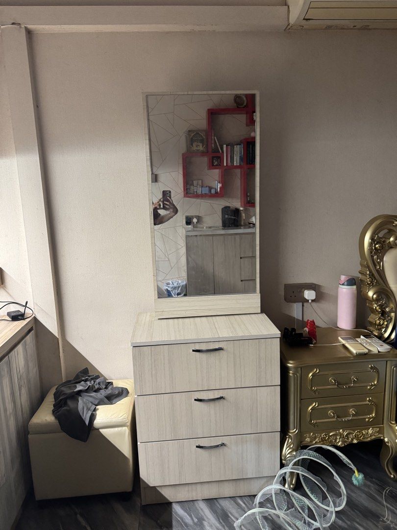 Dressing Table (Category: Shelves, Cabinets & Racks) located in Singapore. Submitted by the_olive_theory (Listing ID 1460695339, Image 2). Description: Light used dressing table. Selling it away at a low price, bought for over $250. Shipping must be arranged own self. Receive near Boon Lay. Can nego. Doesn’t come with the cat by the way. .