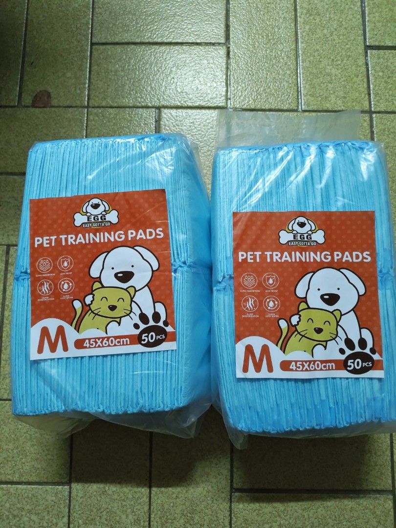 EGG Pet Training Pads M Size 45x60cm 50pcs (Category: Homes & Other Pet Accessories) located in Manila. Submitted by tes07 (Listing ID 1460549994, Image 2). Description: - 2 packs of Pet Training Pads - Size: Medium (M) - Quantity: 50 pieces per pack (100 pieces total) - Dimensions: 45x60cm - Features: Super absorbent, leak-proof - Benefits: Ideal for pet training, keeps your place clean, easy to use if u get bout 250.