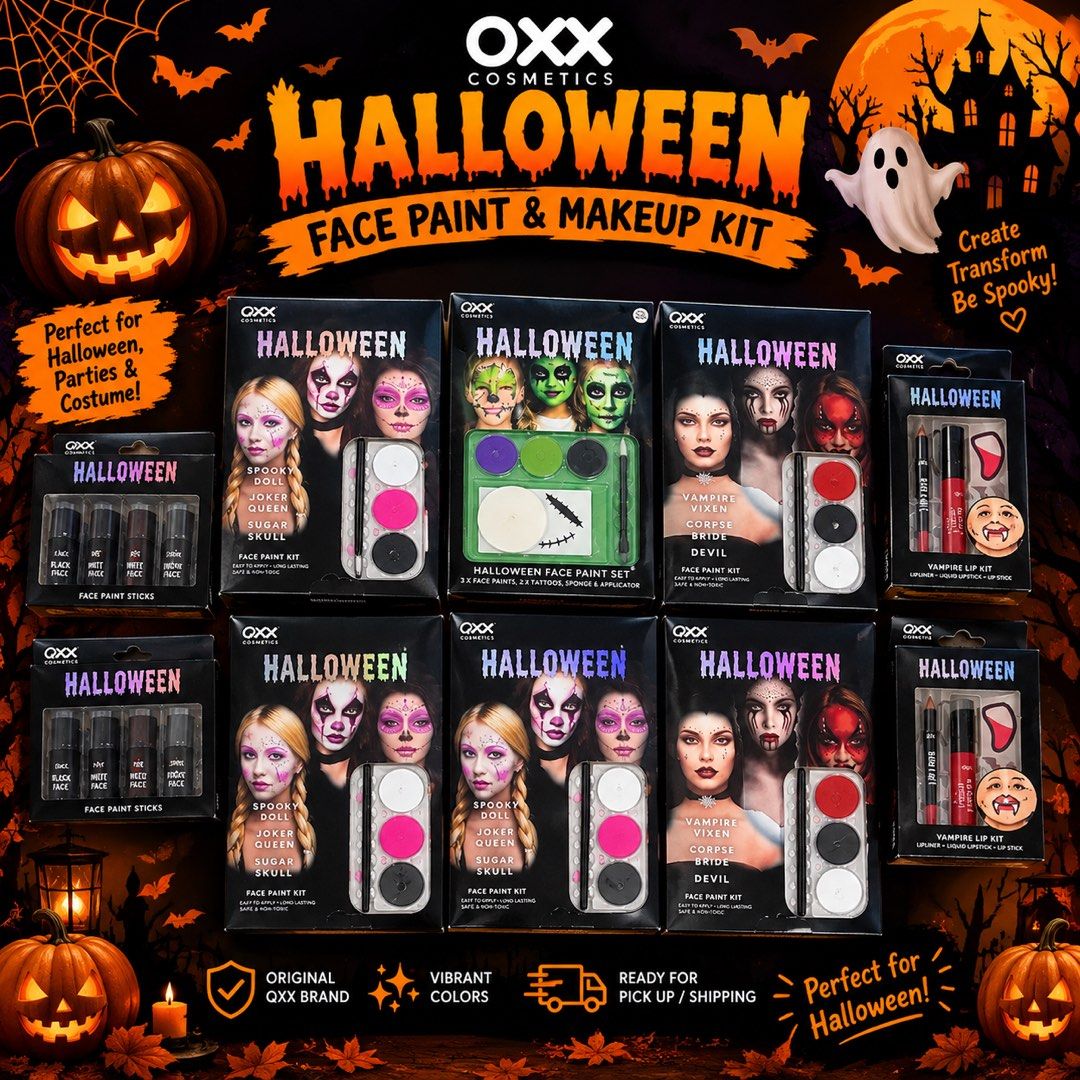 Face paint for Halloween and Events (Category: Makeup) located in Cavite. Submitted by cardibabe (Listing ID 1460556652, Image 1). Description: 🎃🖤 GET READY TO CREATE YOUR HALLOWEEN LOOK! 👻✨ Spooky season is here! 🕷️🧛‍♀️ Bring your Halloween costume to life with our OXX Cosmetics Halloween Face Paint & Makeup Kits! 💄🎨 🖌️ Face Paint Sticks 🎨 Halloween Face Paint Sets 🧛 Vampire Lip Kits 👻 Fun & spooky designs ✨ Vibrant colors 🎃 Perfect 