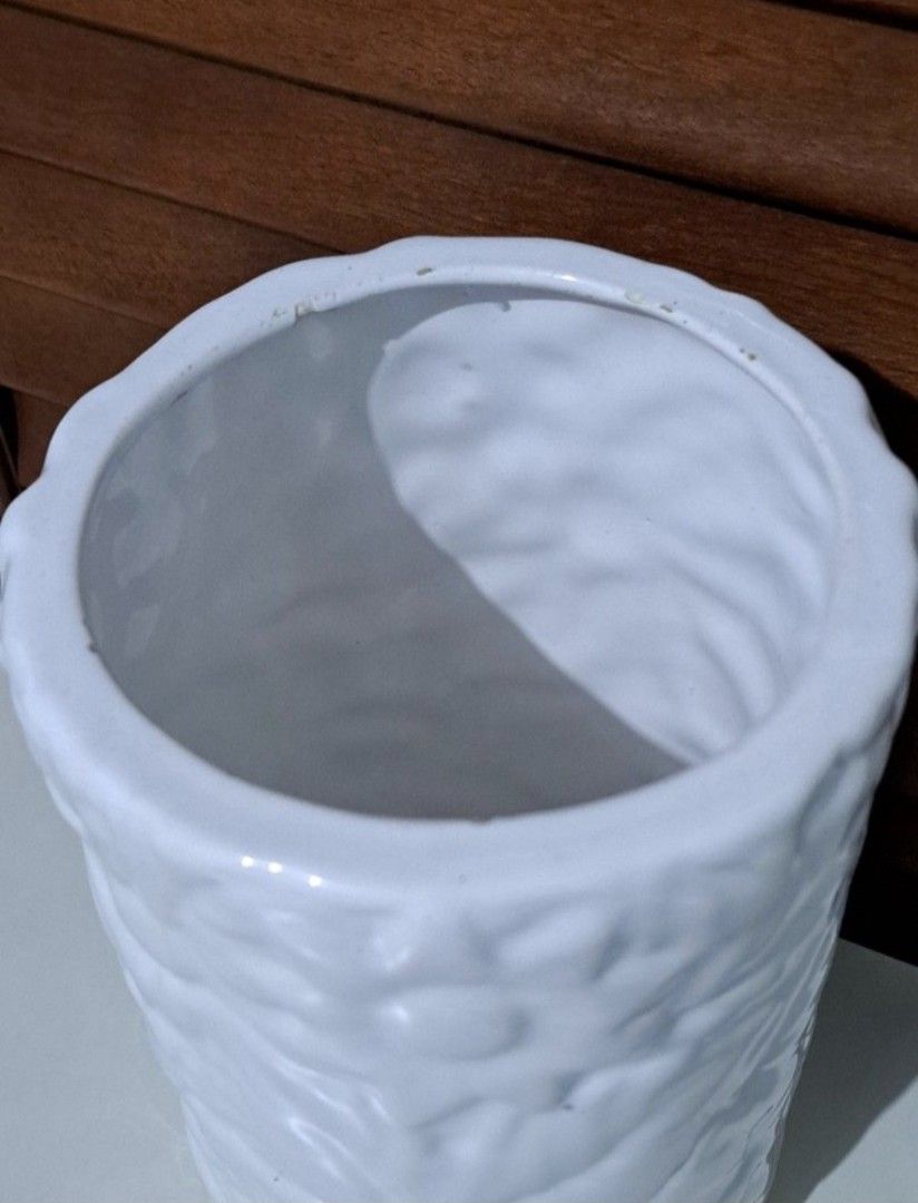 🌸 Flower Embossed Ceramic Vase (Category: Vases & Decorative Bowls) located in Taguig. Submitted by authprelovedonlineshop1 (Listing ID 1460578977, Image 3). Description: ### 🌸 Flower Embossed Ceramic Vase Beautiful **white ceramic vase** with an elegant floral design. 🤍 - Embossed **flower and leaf details** - Cylindrical shape with a textured surface - Wide opening - Oval-shaped base - Approximately **20 cm in height** - Approximately **10 c