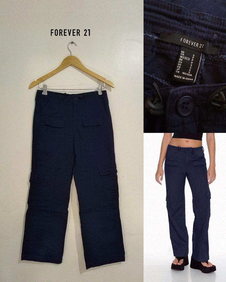 Forever 21 Navy Blue Drawstring Cargo Pants (Category: Other Bottoms) located in Pasig City. Submitted by maychamatcha (Listing ID 1460597912, Image 1). Description: Worn once only! Good as new Fits 28-29 (tag says s, but runs slightly big) Quality thick flexible material.