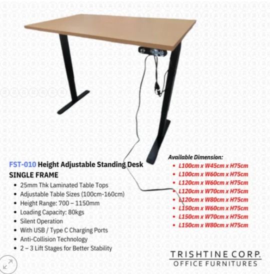 FST-010 | Height Adjustable Standing Desk-Single Frame (Category: Office Furniture & Fixtures) located in Caloocan City. Submitted by jimkirt.tristine.ph (Listing ID 1460551501, Image 1). Description: Features: 25mm Thk Laminated Table Tops Adjustable Table Sizes (100cm-160cm) Height Range: 700 – 1150mm Loading Capacity: 80kgs Silent Operation With USB / Type C Charging Ports Anti-Collision Technology 2 – 3 Lift Stages for Better Stability DISCLA