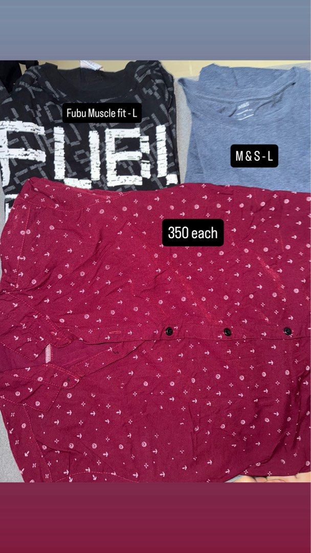 Fubu, M&S T-shirts & Patterned Button-up Shirt (Category: Tshirts & Polo Shirts ) located in Quezon City. Submitted by jericdelacruzzz (Listing ID 1460688784, Image 1). Description: - Fubu Muscle Fit T-Shirt (Size L) - P350 - M&S T-Shirt (Fits S-L) - P350 - Maroon Button-Up Shirt (Anchor & Arrow Pattern) - P350 All items are great for casual wear and priced affordably at P350 each. Grab yours now!.