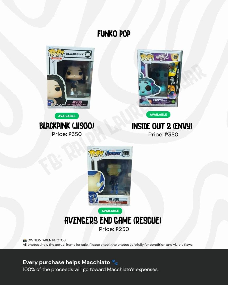 Funko Pop (Category: Designer & Blind Box Toys) located in Manila. Submitted by kopiko_black (Listing ID 1460680659, Image 1). Description: Collection for a cause: Selling some of my collectibles to help my Furbaby Macchiato: Takenote: Mindly manage expectations as all items was displayed only. Jisoo, Envy and Rescue All items displayed on the photos as well as payment and shop rules: 📍Loc: San Andres Bukid Manila 🛵 Mod: lalamove / moveit / gra