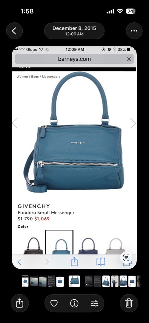 Givenchy Pandora Small Messenger Bag Teal Leather (Category: Luxury Bags & Wallets) located in Makati City. Submitted by u.4.ria (Listing ID 1460517106, Image 3). Description: - Authentic Givenchy Pandora Bag - Color: Teal Blue - Size: Small - Material: goatskin Leather - Features: Top handles, detachable shoulder strap, multiple zippered compartments Note: I bought my Givenchy Small Pandora Sugar goatskin in Teal at Barneys New York (Madison Ave