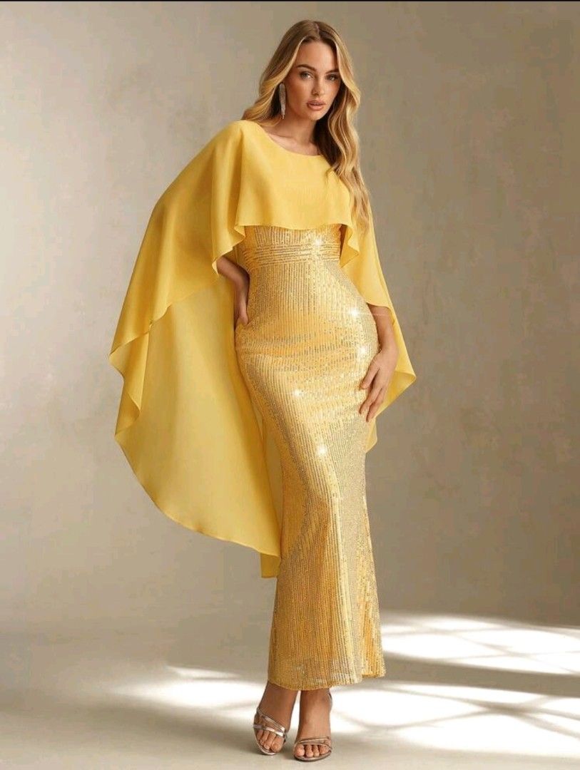 Gold Sequin Maxi Dress with Flowy Cape (Category: Dresses) located in Taguig. Submitted by suzzyb. (Listing ID 1460679437, Image 1). Description: SHEIN Gold Gown.