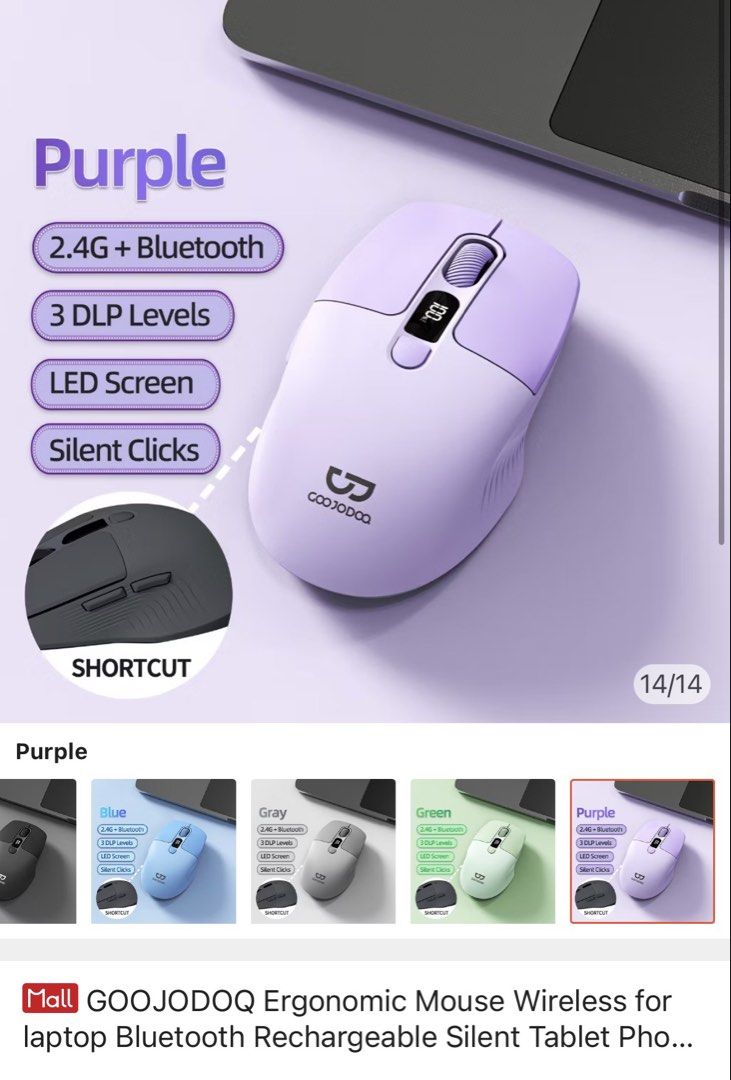 GOOJODOQ Ergonomic Mouse Wireless for laptop Bluetooth Rechargeable Silent Tablet Phone Android (Category: Mouse & Mousepads) located in Manila. Submitted by a_marian (Listing ID 1460644908, Image 1). Description: GOOJODOQ Ergonomic Mouse Wireless (Purple) for laptop Bluetooth Rechargeable Silent Tablet Phone Android Inclusions - Type C charging cable - original box Condition - Bought and occasionally used since October 2025 - Has dirt stains, bu