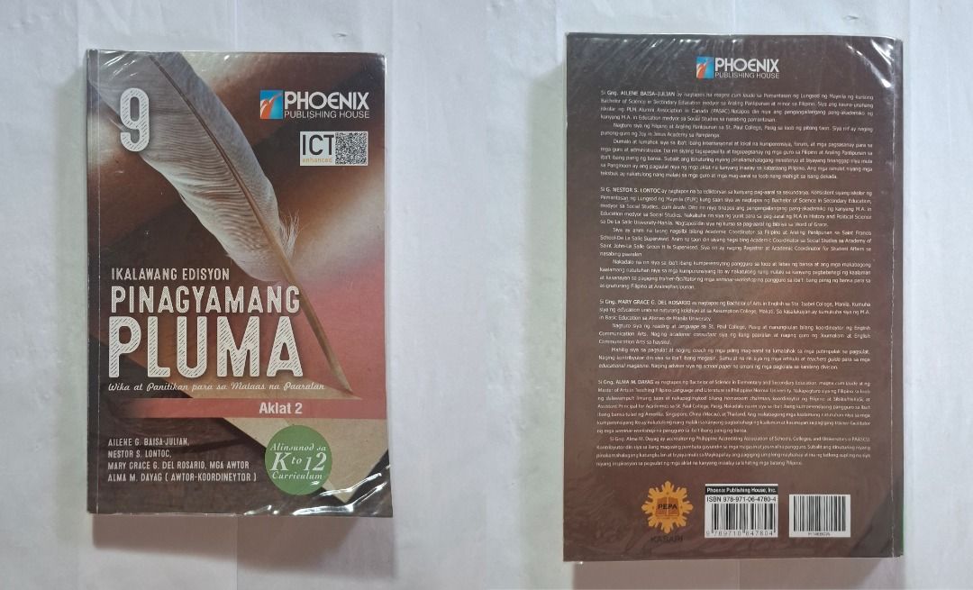 Grade 9 Books (Category: Textbooks) located in Quezon City. Submitted by zharzabr (Listing ID 1460516495, Image 1). Description: 1. Phoenix Publishing House: Pinagyamang Pluma — Wika at Panitikan para sa Mataas na Paaralan — Ikalawang Edisyon — Aklat 1 & 2 - Not used - Good as new 2. REX: Learning and Living in the 21st Century — Worktext in Technology and Livelihood Education - Not used - Good as new 3. Expressions — Worktext in Music, Arts, Phy