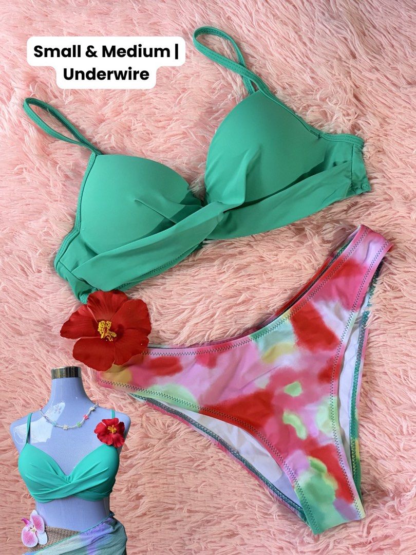 Green Underwire Bikini Top & Tie-Dye Bottoms - S/M (Category: Bikinis & Swimsuits) located in Manila. Submitted by ki_leya (Listing ID 1460685355, Image 1). Description: brand new with pouch avail sizes: small and medium ₱150 📍cubao 🚚 jnt, lalamove, pick up.