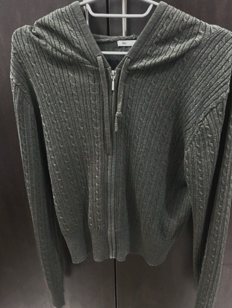 GU Cable Knit Zip-Up Hoodie (Category: Coats, Jackets and Outerwear) located in San Juan City. Submitted by marie_d_r (Listing ID 1460527751, Image 2). Description: - GU Green Cable Knit Zip-Up Hoodie - Size: Large (L) but runs small, fits S-M frames - Features: Drawstring hood, front zipper - Style: Comfy and stylish, ideal for layering or standalone wear.