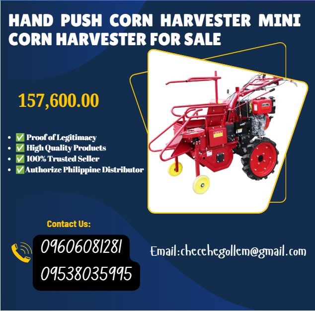 Hand Push Corn Harvester Mini Corn Harvester for Sale (Category: Home Improvement Tools & Accessories) located in Caloocan City. Submitted by 09051674995 (Listing ID 1460593967, Image 1). Description: ●Model: BSR245M ●Product Name: 10HP/192 Diesel Air Cooled ●Electric Start Corn Harvester ●Engine power: 8.5KW ●Engine speed: 3600R M.P ●Displacement: 499CC ●Fuel tank capacity: 5.5L ●Starting method: Electric start ●Walking gear: fast/slow/neutral ●