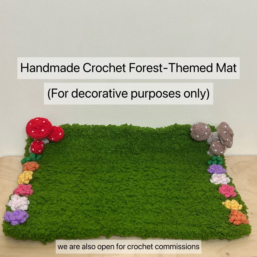 Handmade Crochet Forest-Themed Mat - Decorative Use (Category: Handmade Craft) located in Manila. Submitted by konpeito00 (Listing ID 1460592497, Image 1). Description: Handmade crochet mat with a cute forest theme, featuring mushrooms and flowers. Perfect for decoration. Custom orders welcome!.