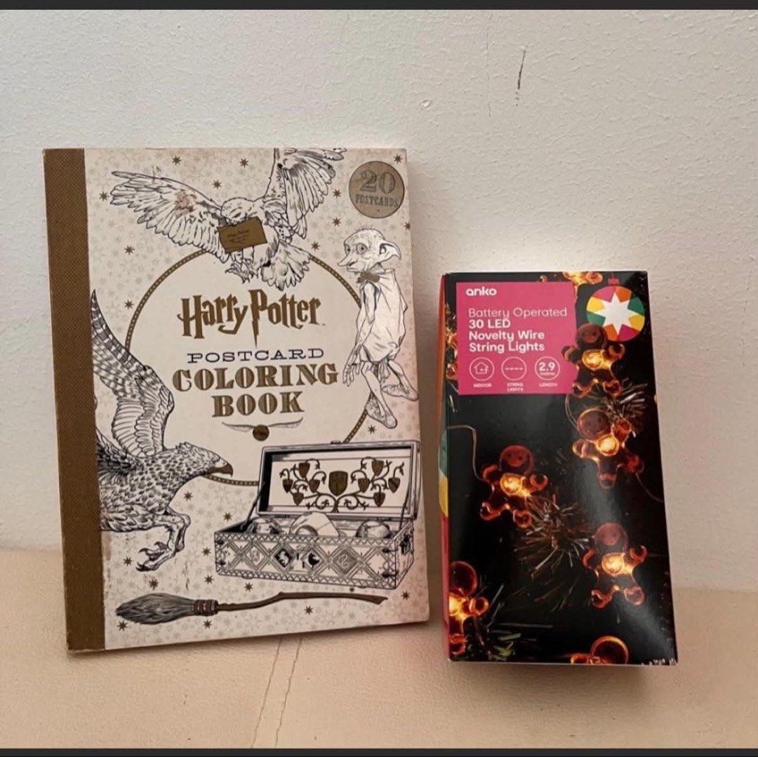 Harry Potter Postcard Coloring Book & Anko String Lights (Category: Art & Prints) located in Makati City. Submitted by zyennapp (Listing ID 1460637537, Image 1). Description: Well-loved Harry Potter postcard coloring book with 18 postcards remaining (1 has already been colored). Perfect for HP fans who enjoy coloring and collecting magical keepsakes. Bonus: Comes with a free Anko battery-operated 30-LED novelty wire string lights, ideal for decor