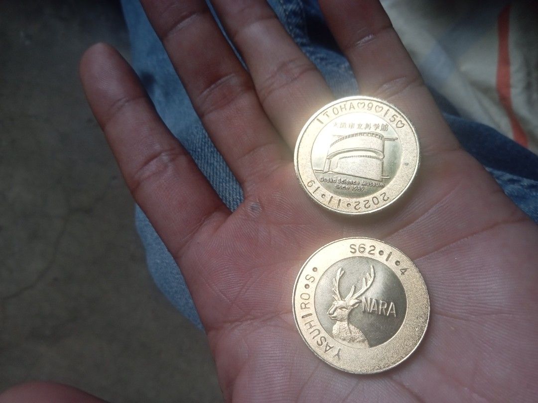 Hayabusa & Nara Commemorative Coins Set (Category: Currency) located in Caloocan City. Submitted by arielrosario22 (Listing ID 1460599444, Image 3). Description: - Commemorative coin featuring Hayabusa spacecraft with 'BACK TO THE EARTH' - Coin with 'YASUHIRO.S NARA' and a deer - Coin showing JAXA Tsukuba Space Center and 'ITOHAM 50' - Coin with 'NARA' and a deer, dated 'S62.1.4' - Perfect for coin collectors 2 coins.
