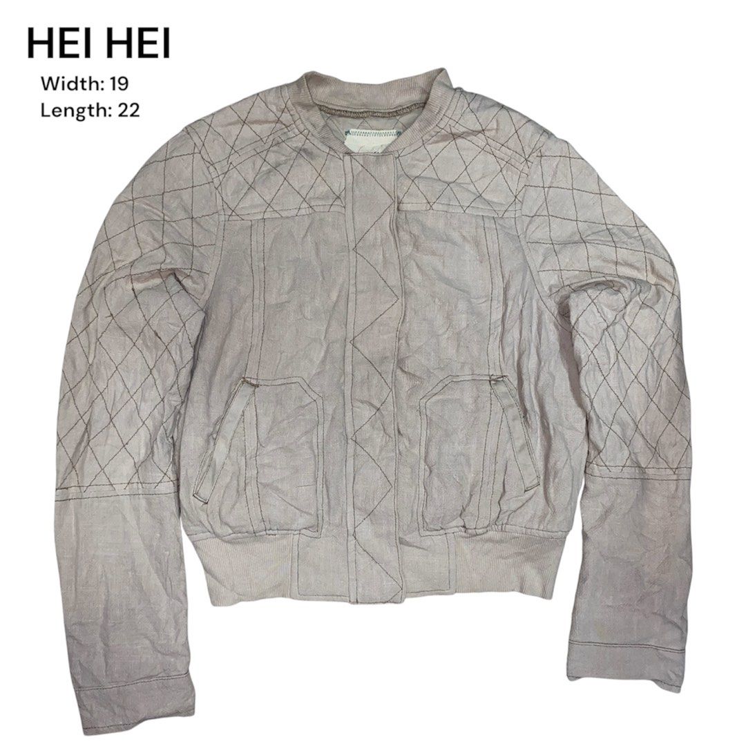 HEI HEI Quilted Bomber Jacket (Category: Coats, Jackets and Outerwear) located in Baliuag. Submitted by macyjoythrift (Listing ID 1460630056, Image 1). Description: - Lightweight bomber jacket from HEI HEI - Features diamond quilting with contrast stitching - Ribbed cuffs and hem for a snug fit - Two convenient front pockets - Measurements: Width 19 inches, Length 22 inches - Made in China ⚠️NEED WASH (dirt from bale).