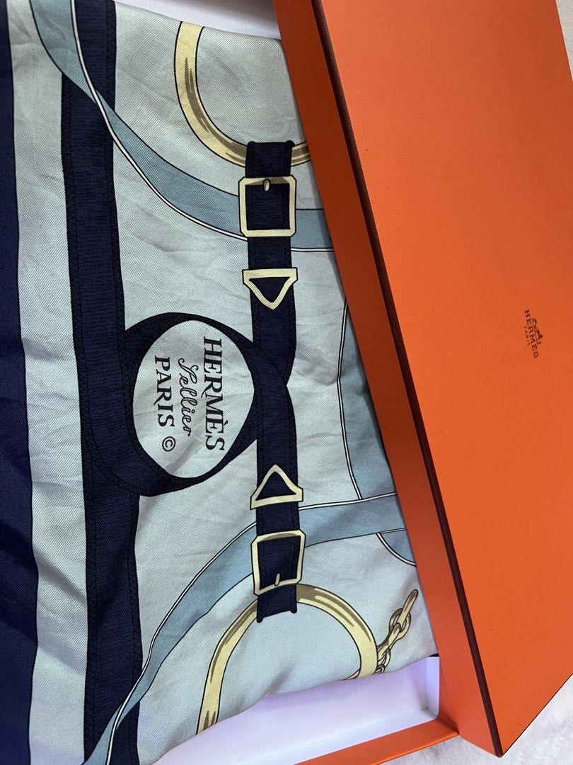 Hermes Sellier 90cm Silk Scarf (Category: Luxury Accessories) located in Makati City. Submitted by jean.gal (Listing ID 1460602120, Image 1). Description: Authentic Hermes Sellier 90cm Scarf Comes with original Hermes box, no ribbon Rolled hem Accidentally washed in washing machine hence the faint discoloration.