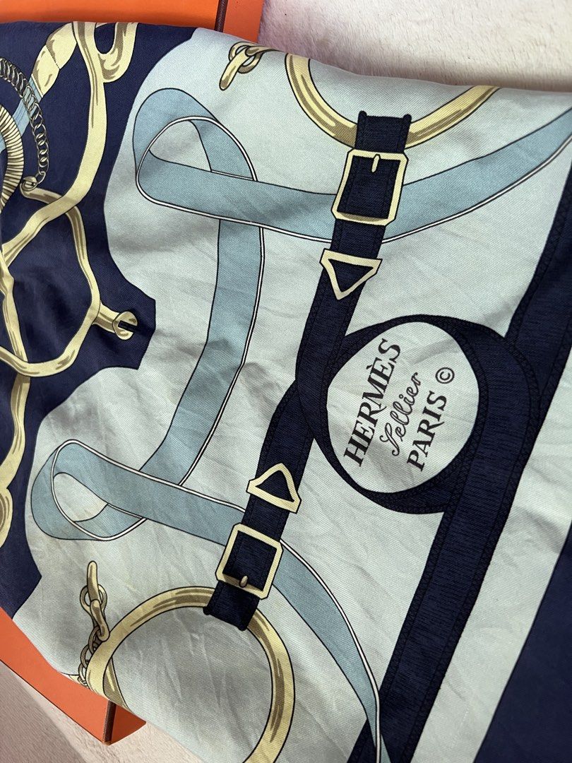 Hermes Sellier 90cm Silk Scarf (Category: Luxury Accessories) located in Makati City. Submitted by jean.gal (Listing ID 1460602120, Image 3). Description: Authentic Hermes Sellier 90cm Scarf Comes with original Hermes box, no ribbon Rolled hem Accidentally washed in washing machine hence the faint discoloration.