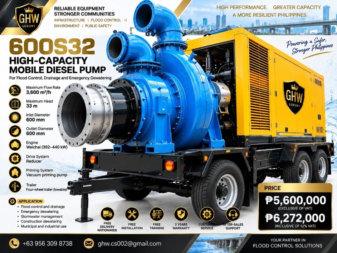 HIGH-CAPACITY MOBILE DIESEL PUMP 600S32 (Category: Industrial Equipment) located in Pasig City. Submitted by ernalyn.22 (Listing ID 1460592271, Image 1). Description: GHW 600S32 HIGH-CAPACITY MOBILE DIESEL PUMP Heavy-Duty Flood Control • Drainage • Emergency Dewatering When high-volume water removal is critical, the GHW 600S32 High-Capacity Mobile Diesel Pump provides a powerful and mobile pumping solution for flood-control operations, emergency 