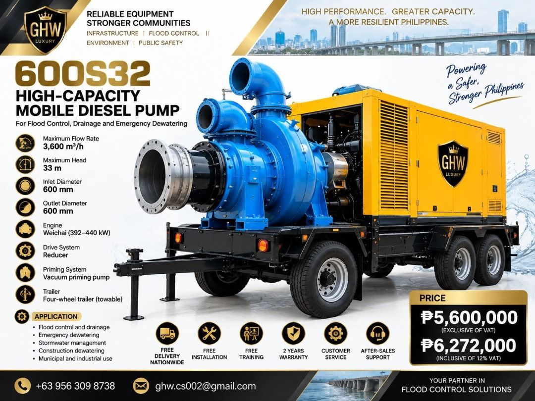 HIGH-CAPACITY MOBILE DIESEL PUMP 600S32 (Category: Industrial Equipment) located in Pasig City. Submitted by ernalyn.22 (Listing ID 1460592271, Image 2). Description: GHW 600S32 HIGH-CAPACITY MOBILE DIESEL PUMP Heavy-Duty Flood Control • Drainage • Emergency Dewatering When high-volume water removal is critical, the GHW 600S32 High-Capacity Mobile Diesel Pump provides a powerful and mobile pumping solution for flood-control operations, emergency 