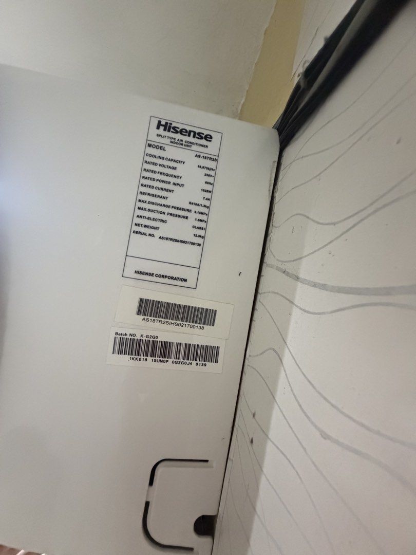 Hisense 2HP AS-18TR2S Split Type Aircon (Category: Engine and Aircon Parts and Accessories) located in Binan City. Submitted by kelly529 (Listing ID 1460525568, Image 2). Description: Issue: hindi na malamig ang binubuga. Kayo na po bahala mag pa repair. Hindi pa naka dismantle. Kayo na po bahala magpa dismantle. .