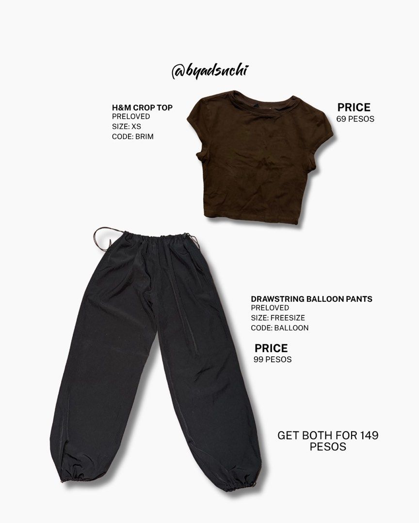 H&M Crop Top & Drawstring Balloon Pants Set (Category: Sets or Coordinates) located in Manila. Submitted by adsnchi (Listing ID 1460521829, Image 1). Description: - Preloved H&M Brown Crop Top - Size: XS - Preloved Black Drawstring Balloon Pants - Size: Freesize - Bundle Price: P149 - Individual Prices: Top P69, Pants P99 - Great deal for a cute outfit!.