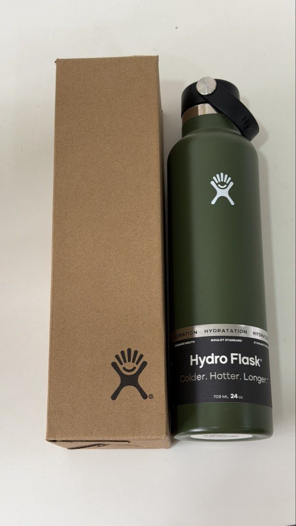 Hydroflask 24oz / 709ml olive green (Category: Water Bottles & Tumblers) located in San Juan City. Submitted by rackysabido (Listing ID 1460576833, Image 2). Description: - Never used, no issues - Complete with box, detail and info card - RFS: extra tumbler.