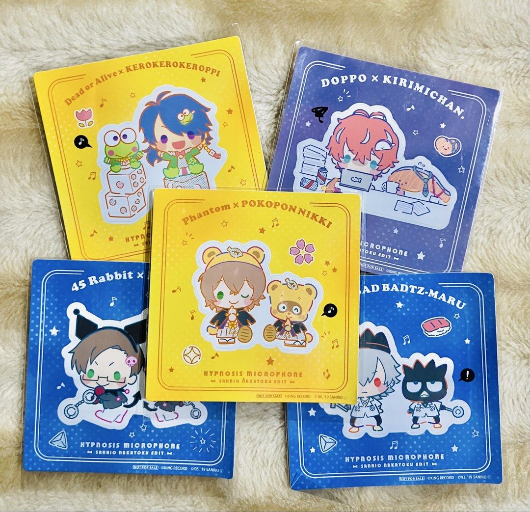Hypnosis Mic x Sanrio Stickers (Category: Stationery & School Supplies) located in Taguig. Submitted by lae.onlineshop (Listing ID 1460711211, Image 1). Description: Hypnosis Mic x Sanrio Stickers *Brand new. SANRIO NAKAYOKU EDIT Animate Purchase Bonus for Eligible Products *THE COLOR MAY SLIGHTLY DIFFER FROM ACTUAL DUE TO LIGHTING AND/OR SCREEN RESOLUTION. Size: approx 10 x 10cm OPEN FOR TAKE ALL‼️ Per piece: 50.00 ‼️1 DAY RESERVATION ONLY‼️.