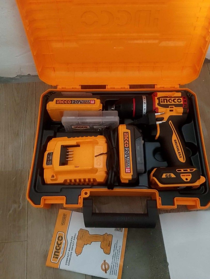 INGCO 20V Cordless Brushless Impact Drill Set (Category: Construction Tools & Equipment) located in Quezon City. Submitted by jey22 (Listing ID 1460556659, Image 3). Description: PRICE: ₱4000 DESCRIPTION: For Sale: Original INGCO 20V Brushless Cordless Impact Drill Set (Model: CIDLI20668). BRAND NEW / NEVER USE 66nm ₱4000 / 55nm ₱3800 Mas matipid sa kuryente at mas matibay dahil BRUSHLESS MOTOR na! May hammer function para sa pagbubutas ng sement