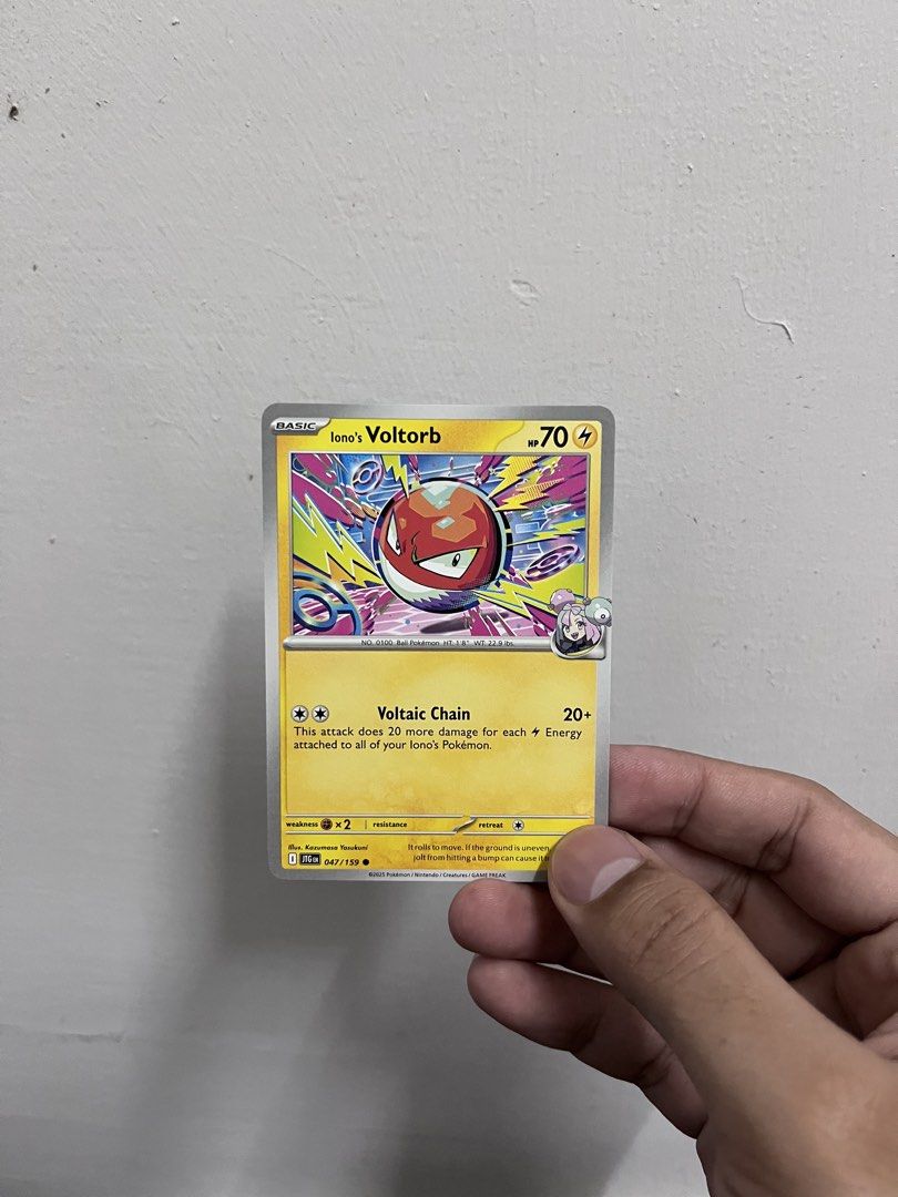 Iono's Voltorb Pokemon Card 047/159 (Category: Raw Singles) located in Pasay City. Submitted by paullimerized (Listing ID 1460614271, Image 1). Description: - Pokemon Card: Iono's Voltorb - Card Number: 047/159 - Release Year: 2025 - Attack: Voltaic Chain - Ideal for Pokemon card collectors!.