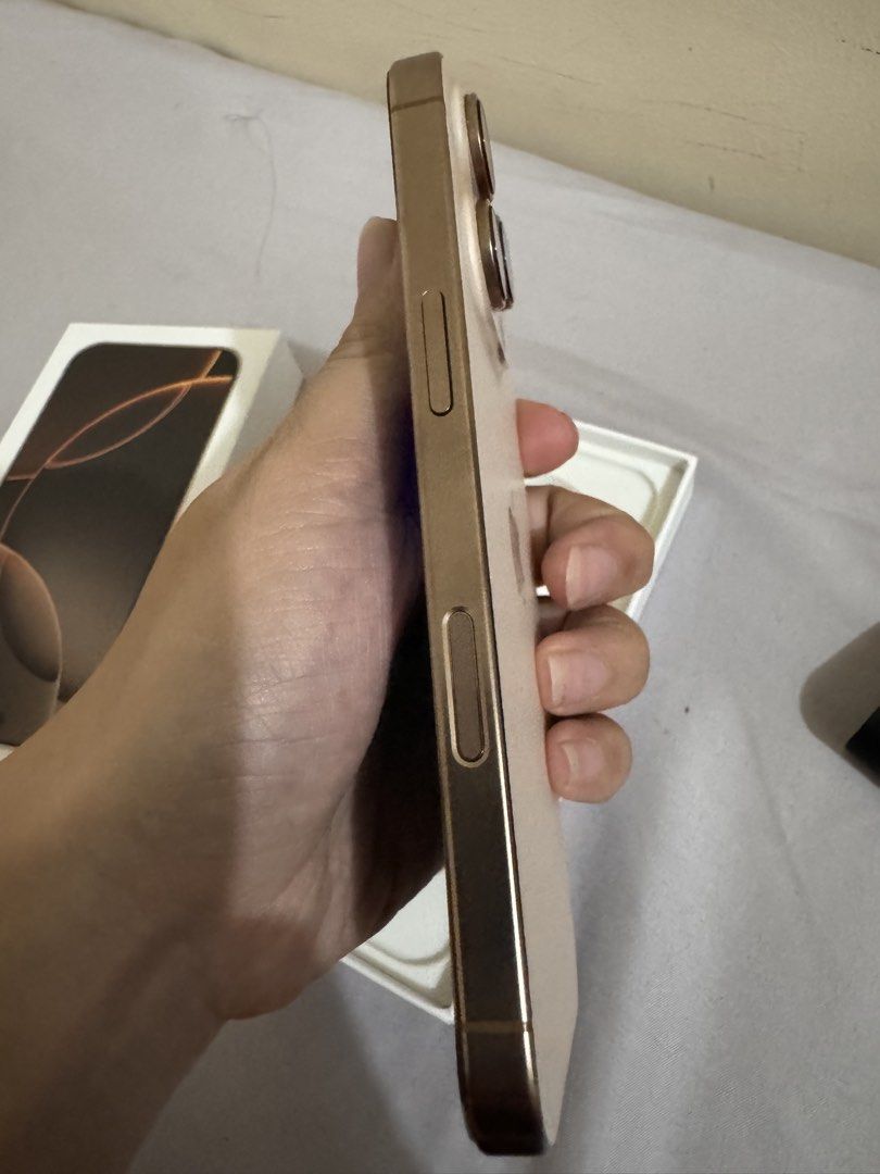 Iphone 16 PRO 256gb (Category: iPhone 16 Series) located in Quezon City. Submitted by caprusmnl_ (Listing ID 1460649926, Image 3). Description: RUSH SALE iPhone 16Pro / 256GB (Desert titanium) Inclusion: - Original Cord - Unit itself - Free case Details: - Desert titanium - 256GB - Openline (Any sim) - True tone working - Face ID working - Super kinis! - 91%Battery Health (459 Cycle Count) -Unli Check and reset upon meetups -No issue Free deliver