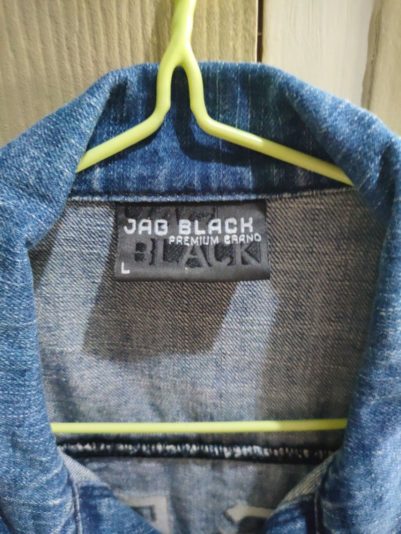 JAG BLK Premium Brand Denim Jacket (Category: Coats, Jackets and Outerwear) located in Manila. Submitted by robertjust66965 (Listing ID 1460515075, Image 2). Description: - Classic blue denim jacket - Brand: JAG BLK - Size: L - Button-up front - Chest pockets - Unique Japanese text detail on the back - Ideal for layering.