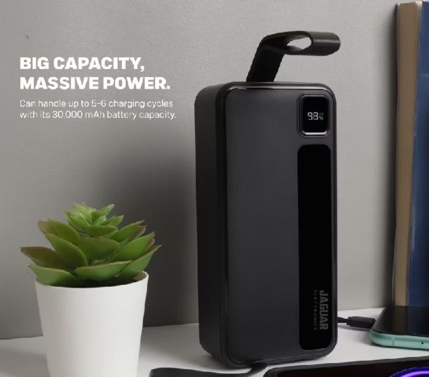 Jaguar Electronics PB713 Powerbank 30kmah (Category: Batteries & Power Banks) located in Mandaluyong City. Submitted by theosystem (Listing ID 1460700012, Image 3). Description: - Brand: Jaguar Electronics - Model: PB713 - Capacity: 30,000mAh - Color: Black - Features: Built-in cables, Smart Charging Technology, 22.5 Watts Power Delivery - Supports QC3.0 port for fast charging - Can handle 5-6 charging cycles.
