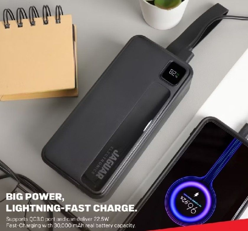 Jaguar Electronics PB713 Powerbank 30kmah (Category: Batteries & Power Banks) located in Mandaluyong City. Submitted by theosystem (Listing ID 1460700012, Image 2). Description: - Brand: Jaguar Electronics - Model: PB713 - Capacity: 30,000mAh - Color: Black - Features: Built-in cables, Smart Charging Technology, 22.5 Watts Power Delivery - Supports QC3.0 port for fast charging - Can handle 5-6 charging cycles.
