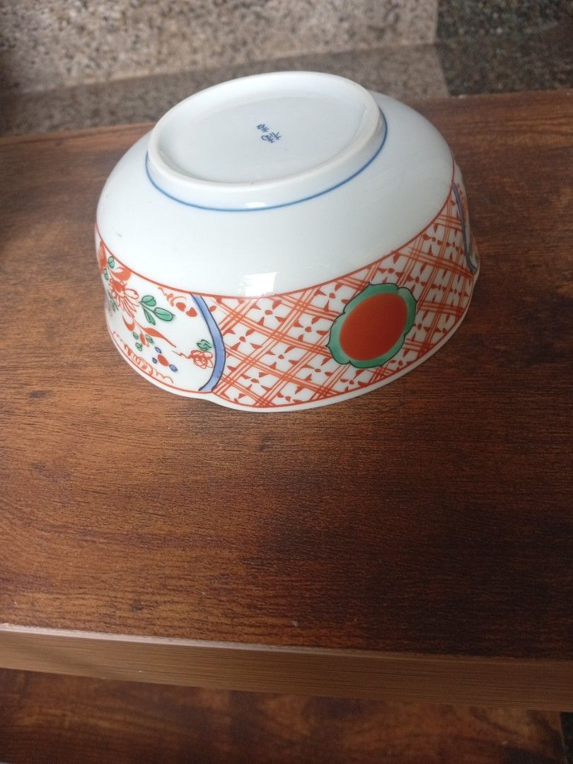 Five Japanese Ceramic Bowls (Category: Other Kitchenware & Tableware) located in Caloocan City. Submitted by lolacel (Listing ID 1460560700, Image 1). Description: Authentic Japanese ceramic bowl with intricate orange pattern with red and green details and Blue floral and leaves inside. five pieces available.. with maker's mark underneath.20 each,.