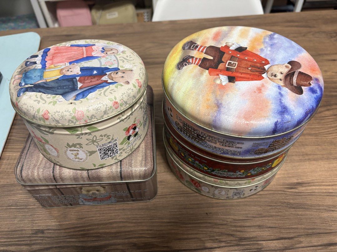 Jenny Bakery Cookie Tins - Teddy Bear Designs (Category: Storage Boxes & Baskets) located in Cainta. Submitted by theimpulsivecrafterph (Listing ID 1460622956, Image 1). Description: - Set of cute Jenny Bakery cookie tins - Features adorable teddy bear designs (family of bears and cowboy bear) - Beautiful floral and watercolor patterns - Ideal for storage or as a thoughtful gift - Selling as a bundle — 500 for all.