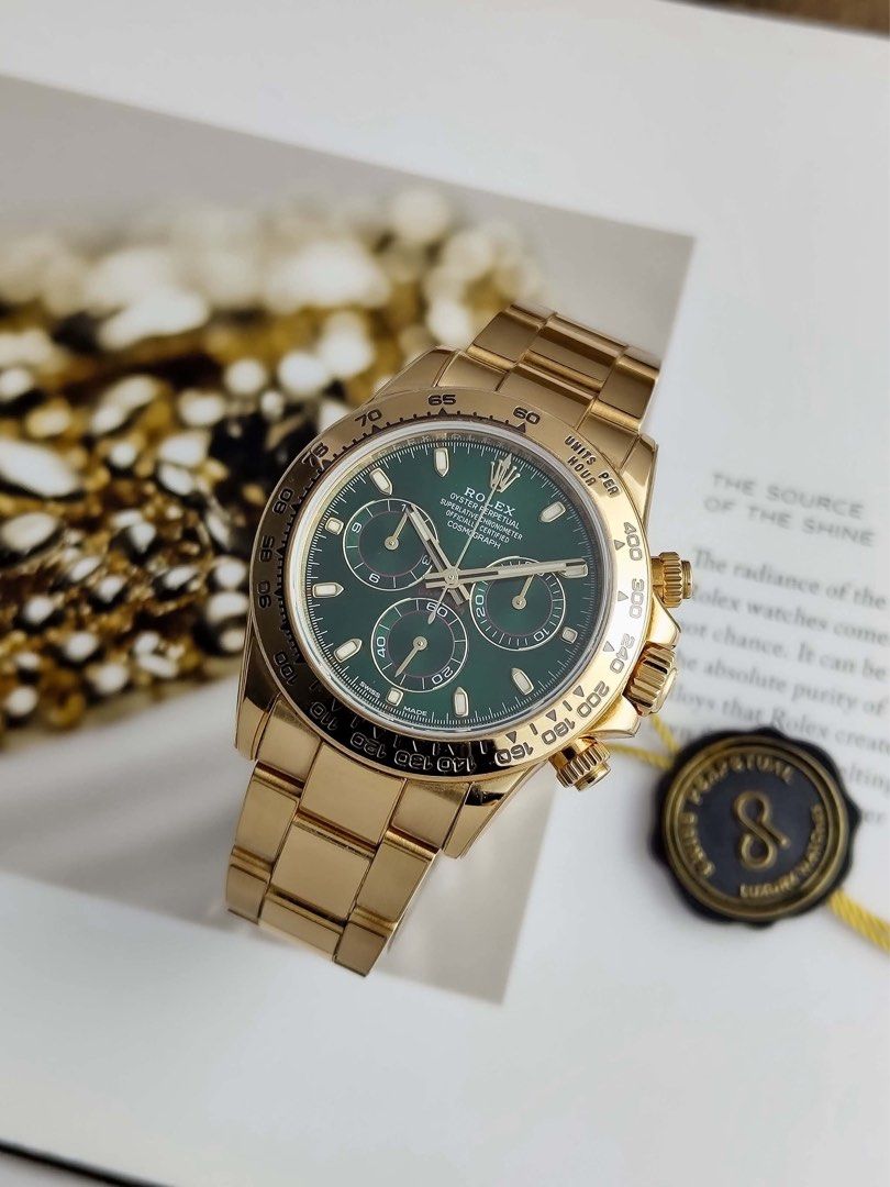 John Mayer Daytona Green Dial YG (Category: Men's Watches) located in Makati City. Submitted by swissperpetual (Listing ID 1460533871, Image 2). Description: Rolex Daytona Yellow Gold Green Dial "John Mayer" 2018 year 116508 Price: P4,380,000 Negotiable 🤝 7 Day Moneyback Guarantee 🧑‍🔧 1 Year SP Service Warranty 💱 Trades Offers and Pre-orders Accepted 💳 Credit Card Options Available 🪙 Layaway Options Available 📦 Nationwide Shipping Availabl