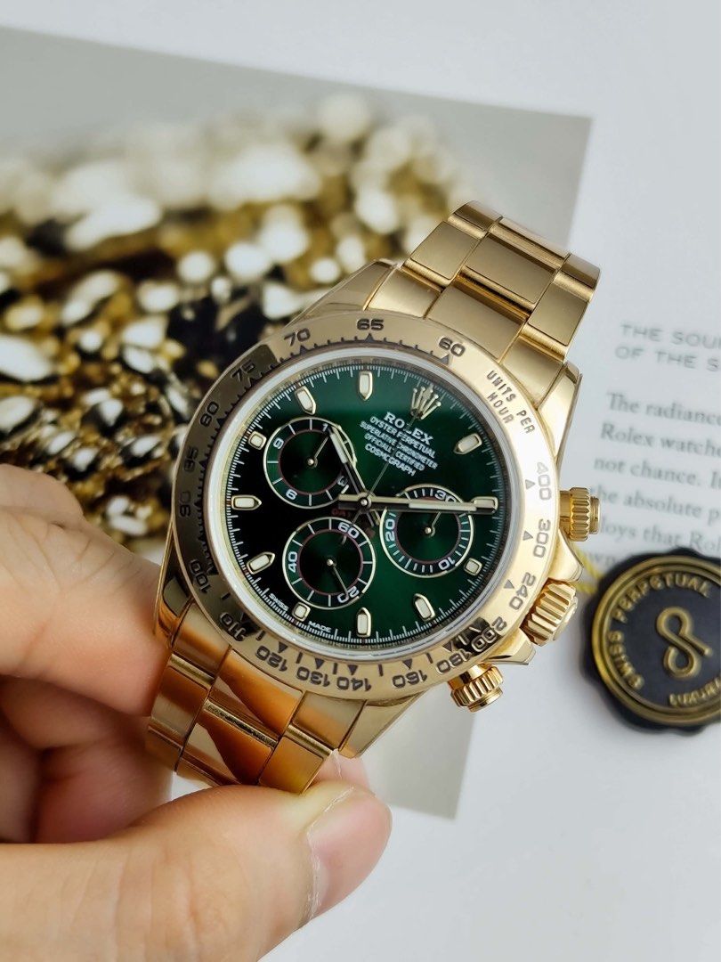 John Mayer Daytona Green Dial YG (Category: Men's Watches) located in Makati City. Submitted by swissperpetual (Listing ID 1460533871, Image 1). Description: Rolex Daytona Yellow Gold Green Dial "John Mayer" 2018 year 116508 Price: P4,380,000 Negotiable 🤝 7 Day Moneyback Guarantee 🧑‍🔧 1 Year SP Service Warranty 💱 Trades Offers and Pre-orders Accepted 💳 Credit Card Options Available 🪙 Layaway Options Available 📦 Nationwide Shipping Availabl